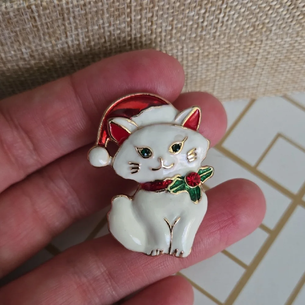 Festive Cat Brooch with Red Santa Hat In White, NWT